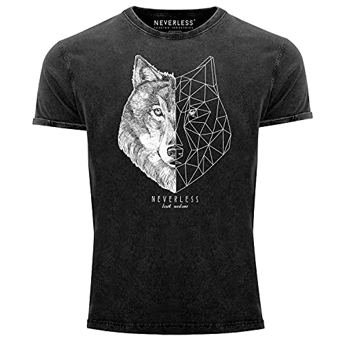 Neverless® Herren Vintage Shirt Wolf Polygon Kunst Grafik Tiermotiv Printshirt Printshirt T-Shirt Aufdruck Used Look schwarz L von Neverless