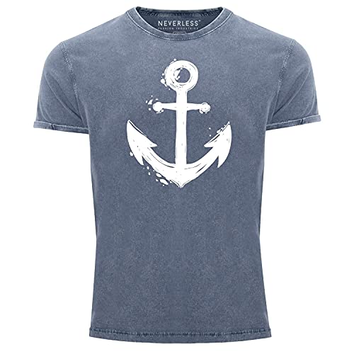 Neverless® Herren Vintage Shirt mit Anker Motiv Printshirt T-Shirt Aufdruck Used Look Slim Fit blau 3XL von Neverless
