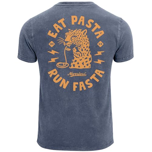 Neverless® Herren Vintage T-Shirt Backprint Eat Pasta Run Fasta Leopard Grafikshirt Printshirt Aufdruck Used Look Fashion Männer Blau S von Neverless
