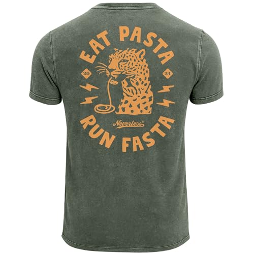 Neverless® Herren Vintage T-Shirt Backprint Eat Pasta Run Fasta Leopard Grafikshirt Printshirt Aufdruck Used Look Fashion Männer Oliv 3XL von Neverless