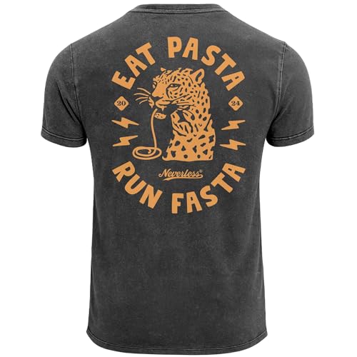 Neverless® Herren Vintage T-Shirt Backprint Eat Pasta Run Fasta Leopard Grafikshirt Printshirt Aufdruck Used Look Fashion Männer Schwarz M von Neverless