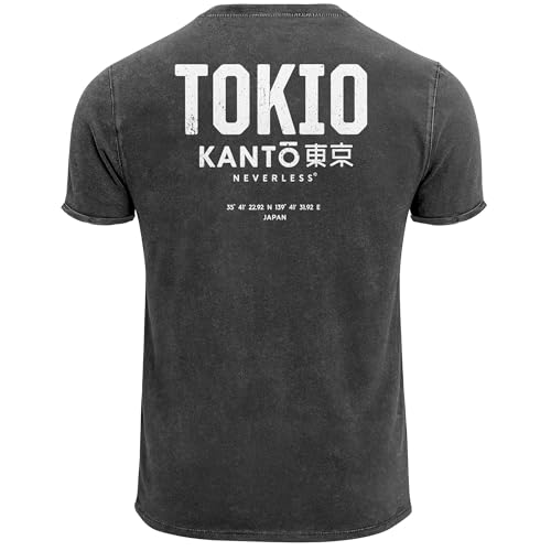 Neverless® Herren Vintage T-Shirt Backprint Japan Tokyo Grafikshirt Printshirt T-Shirt Aufdruck Used Look Schwarz L von Neverless