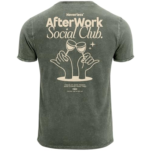 Neverless® Herren Vintage T-Shirt Backprint Printshirt Baumwolle After Work Social Club Grafik Aufdruck Used Look Fashion Männer Oliv L von Neverless