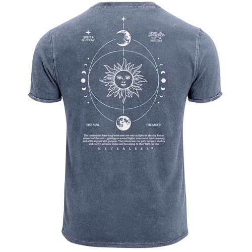 Neverless® Herren Vintage T-Shirt Backprint Sonne Mond | Spirituelles Grafikshirt | Printshirt Astrologie Design Cosmic Style | Baumwolle Used Look Blau XL von Neverless