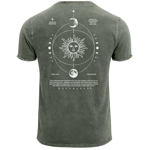 Neverless® Herren Vintage T-Shirt Backprint Sonne Mond | Spirituelles Grafikshirt | Printshirt Astrologie Design Cosmic Style | Baumwolle Used Look Oliv XXL von Neverless