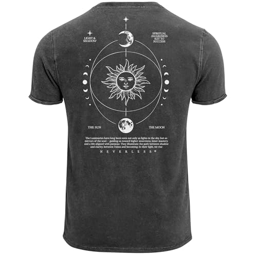 Neverless® Herren Vintage T-Shirt Backprint Sonne Mond | Spirituelles Grafikshirt | Printshirt Astrologie Design Cosmic Style | Baumwolle Used Look Schwarz XL von Neverless
