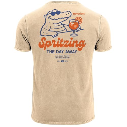 Neverless® Herren Vintage T-Shirt Backprint Spritzing The Day Away Alligator Retro Design Aufdruck Used Look Natur M von Neverless
