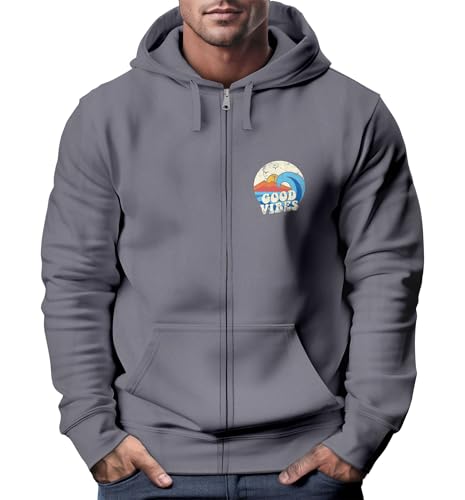 Neverless® Herren Zip Hoodie Sweatjacke mit Kapuze Logo-Print Good Vibes Aufdruck Welle Retro Motiv Männer Fashion Streetstyle Convoy Grey L von Neverless