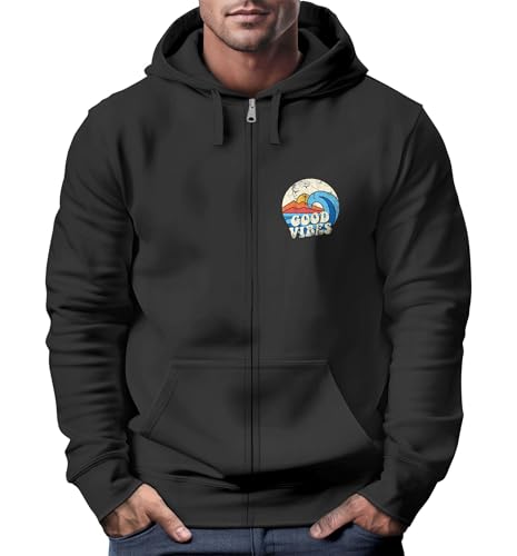 Neverless® Herren Zip Hoodie Sweatjacke mit Kapuze Logo-Print Good Vibes Aufdruck Welle Retro Motiv Männer Fashion Streetstyle schwarz L von Neverless