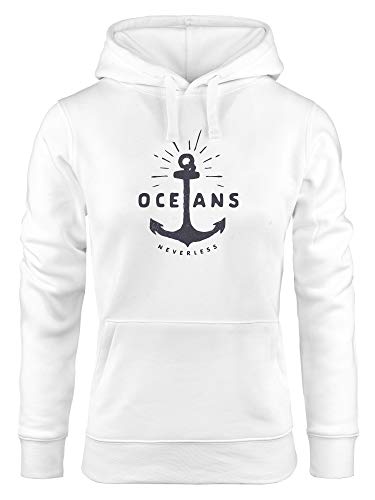 Neverless® Hoodie Damen Anker Motiv maritim Schriftzug Oceans Kapuzen-Pullover weiß M von Neverless