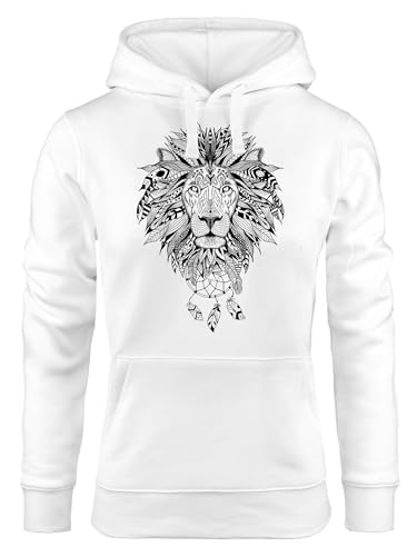 Neverless® Hoodie Damen Aufdruck Löwe Boho Style Atzekenmuster Traumfänger Ethno-Print Kapuzen-Pullover weiß M von Neverless