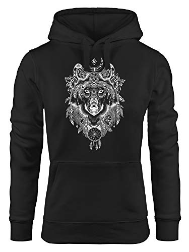 Neverless® Hoodie Damen Aufdruck Wolf-Motiv Print Boho Bohemian Ethno Kapuzen-Pullover schwarz M von Neverless