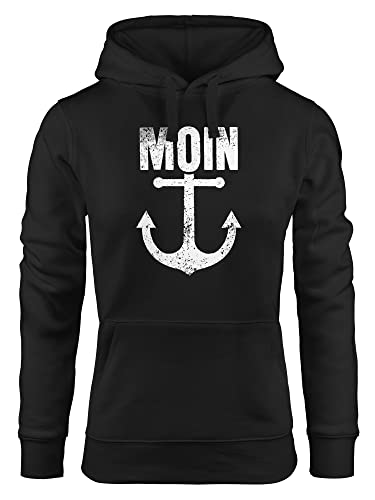 Neverless® Hoodie Damen Moin Anker Retro Print Aufdruck Maritim Nordisch Kapuzen-Pullover Fashion Streetstyle schwarz M von Neverless