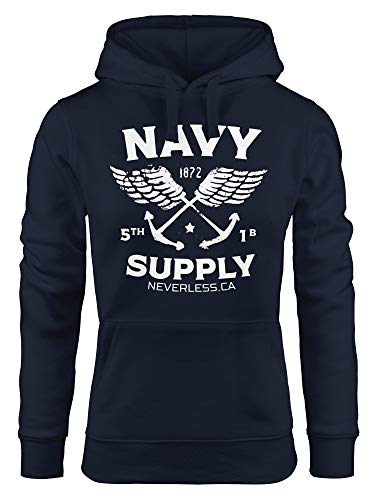 Neverless® Hoodie Damen Motiv Maritim Nautical Design Schriftzug Navy Supply Anker mit Flügeln Kapuzen-Pullover Navy M von Neverless