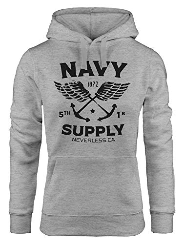 Neverless® Hoodie Damen Motiv Maritim Nautical Design Schriftzug Navy Supply Anker mit Flügeln Kapuzen-Pullover grau M von Neverless