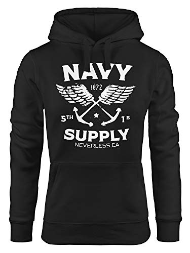 Neverless® Hoodie Damen Motiv Maritim Nautical Design Schriftzug Navy Supply Anker mit Flügeln Kapuzen-Pullover schwarz L von Neverless