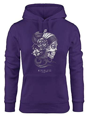 Neverless® Hoodie Damen Santa Print Muerte La Catrina Mexican Skull Dia de los Muertos Tattoo Design Kapuzen-Pullover lila S von Neverless