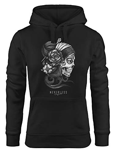 Neverless® Hoodie Damen Santa Print Muerte La Catrina Mexican Skull Dia de los Muertos Tattoo Design Kapuzen-Pullover schwarz L von Neverless