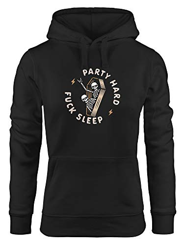 Neverless® Hoodie Damen Schriftzug Party Hard Fuck Sleep 2 Skelette im Sarg Kapuzen-Pullover Fashion Streetstyle schwarz M von Neverless