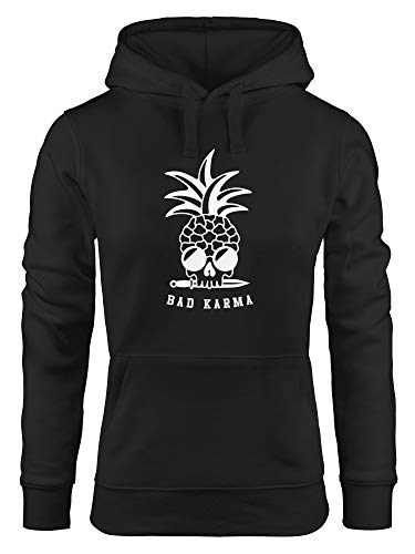 Neverless® Hoodie Damen Totenkopf Ananas Schriftzug Bad Karma Kapuzen-Pullover schwarz L von Neverless