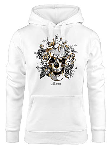 Neverless® Hoodie Damen Totenkopf Rosen Skull Roses Schädel Kapuzen-Pullover Frauen weiß L von Neverless