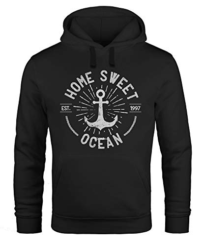 Neverless® Hoodie Herren Anker Logo maritim Home Sweet Ocean Schriftzug Fashion Streetstyle Kapuzen-Pullover Männer schwarz 4XL von Neverless