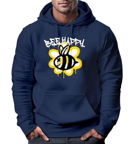 Neverless® Hoodie Herren Aufdruck Bee Happy Biene Blume Graffiti Schriftzug Fashion Streetstyle Navy XS von Neverless