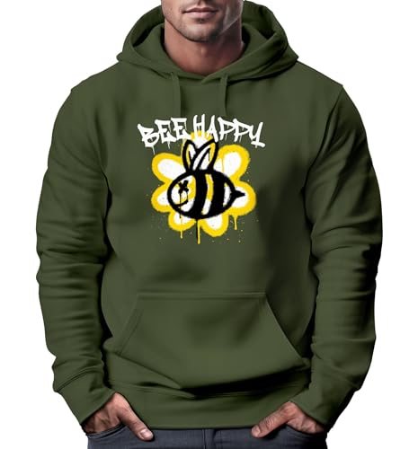 Neverless® Hoodie Herren Aufdruck Bee Happy Biene Blume Graffiti Schriftzug Fashion Streetstyle Oliv 3XL von Neverless