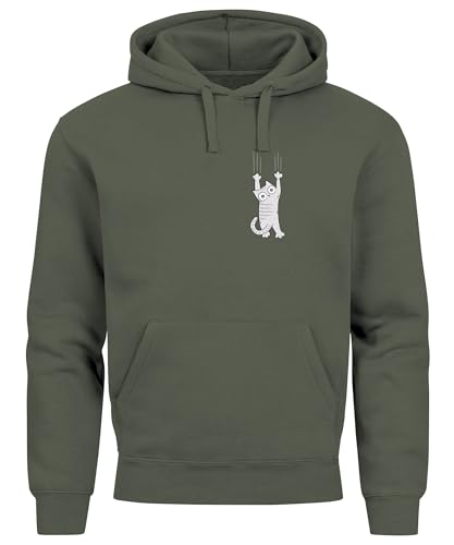 Neverless® Hoodie Herren Aufdruck Katze Cat Logo lustig Kapuzen-Pullover Männer Fashion Streetstyle Oliv L von Neverless