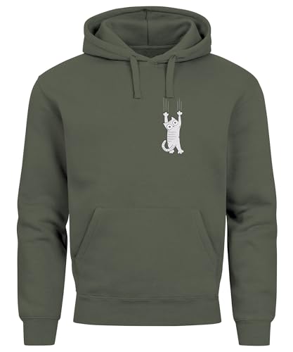 Neverless® Hoodie Herren Aufdruck Katze Cat Logo lustig Kapuzen-Pullover Männer Fashion Streetstyle Oliv S von Neverless