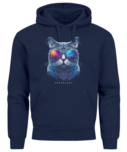 Neverless® Hoodie Herren Aufdruck Katze Cat Sommer Sonnenbrille Style Fashion Print Fashion Navy 3XL von Neverless