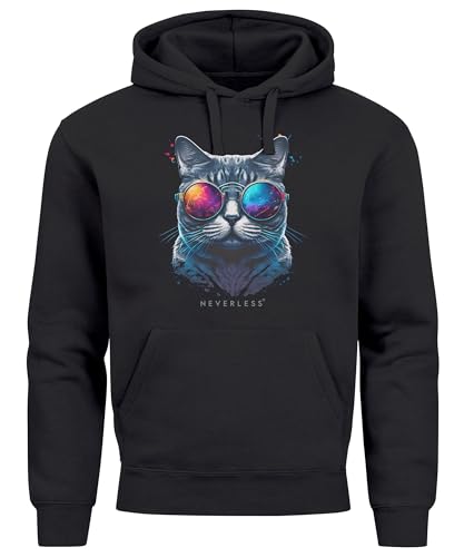 Neverless® Hoodie Herren Aufdruck Katze Cat Sommer Sonnenbrille Style Fashion Print Fashion schwarz 3XL von Neverless