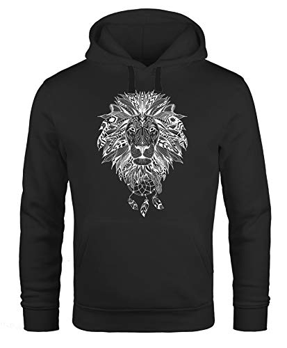 Neverless® Hoodie Herren Aufdruck Löwe Boho Style Atzekenmuster Traumfänger Ethno-Print Kapuzen-Pullover Männer schwarz XXL von Neverless