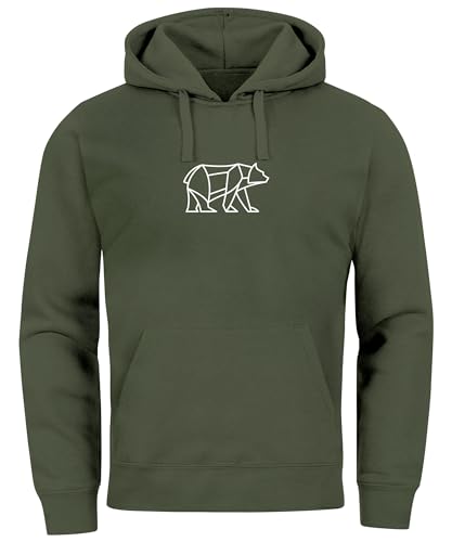 Neverless® Hoodie Herren Aufdruck Polygon Design Print Bär Bear Tiermotiv Outdoor Fashion Oliv XL von Neverless