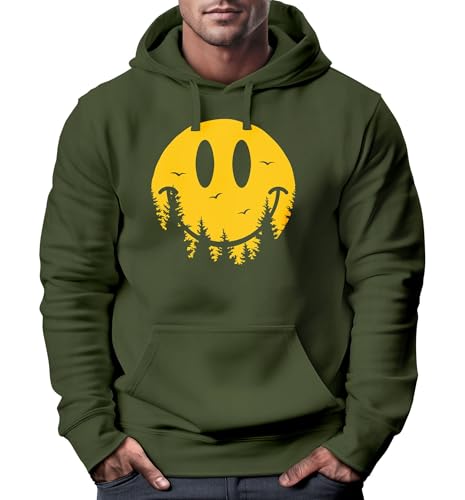 Neverless® Hoodie Herren Aufdruck Print Sonne Outdoor Motiv Lustig Smiling Face Wald Wandern Fashion Oliv XS von Neverless