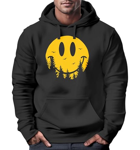 Neverless® Hoodie Herren Aufdruck Print Sonne Outdoor Motiv Lustig Smiling Face Wald Wandern Fashion schwarz 3XL von Neverless