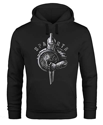 Neverless® Hoodie Herren Aufdruck Sparta Spartanerhelm Krieger Warrior Schwert Schild Löwe Kapuzen-Pullover Männer Fashion Streetstyle schwarz 3XL von Neverless