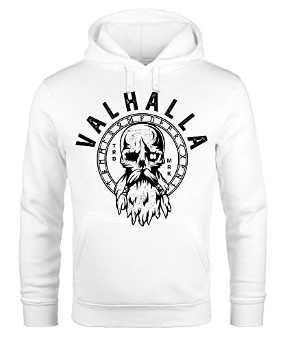 Neverless® Hoodie Herren Aufdruck Valhalla Totenkopf Odin Runen Wikinger Print Kapuzen-Pullover Fashion weiß M von Neverless