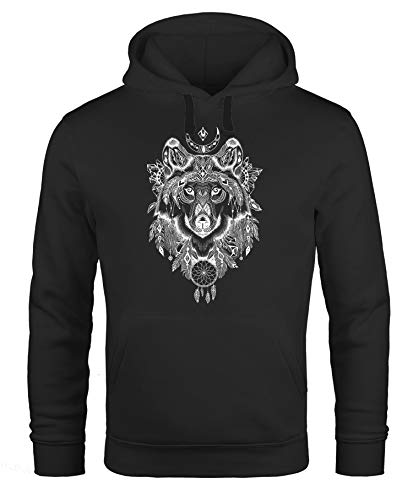 Neverless® Hoodie Herren Aufdruck Wolf-Motiv Print Boho Bohemian Ethno Style Kapuzen-Pullover Männer schwarz XS von Neverless