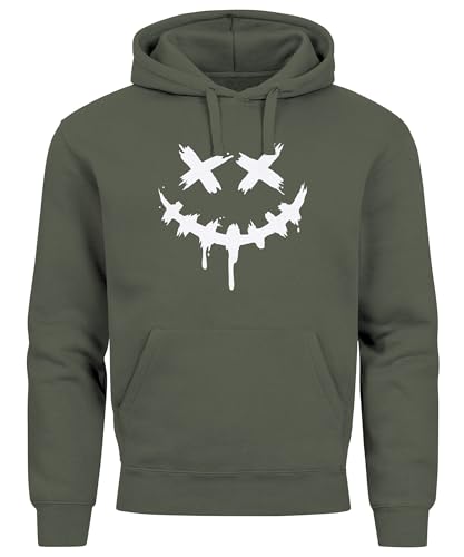 Neverless® Hoodie Herren Bedruckt Techwear Fashion Streetstyle Smiling Face Smile Trend Fashion Streetstyle Oliv XS von Neverless