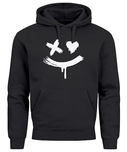 Neverless® Hoodie Herren Bedruckt Techwear Fashion Streetstyle Smiling Face Smile Trend Print Aufdruck schwarz XXL von Neverless