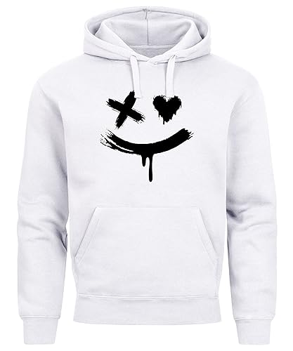 Neverless® Hoodie Herren Bedruckt Techwear Fashion Streetstyle Smiling Face Smile Trend Print Aufdruck weiß M von Neverless