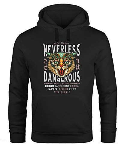 Neverless® Hoodie Herren Design Print Katzenkopf Dangerous Cat Motiv Japan Tokio City Schriftzug Fashion Streetstyle Kapuzen-Pullover Männer schwarz M von Neverless