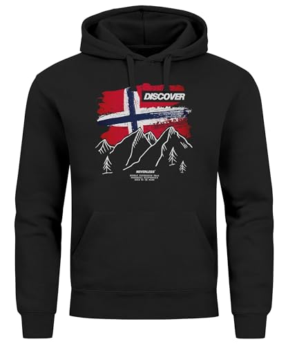 Neverless® Hoodie Herren Frontprint Norwegen Flagge Berge Discover Aufdruck Outdoor Fashion Streetstyle schwarz 5XL von Neverless