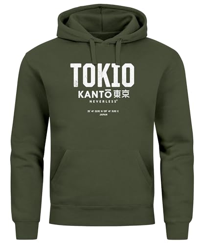 Neverless® Hoodie Herren Frontprint Tokyo Japan Japanische Schriftzeichen Grafik Print Fashion Streetstyle Männer Oliv XXL von Neverless