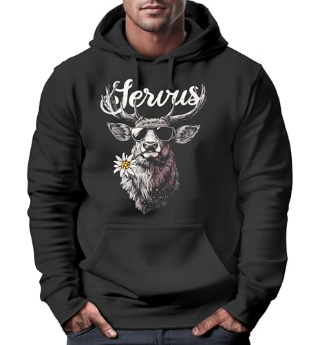 Neverless® Hoodie Herren Hirsch Schriftzug Servus Bayern Dialekt Volksfest Bierfest Tracht Modern Männer Fashion schwarz XXL von Neverless