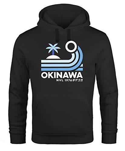 Neverless® Hoodie Herren Japan Okinawa Schriftzug Retro Palme Welle Print Kapuzen-Pullover Männer Fashion Streetstyle schwarz XS von Neverless