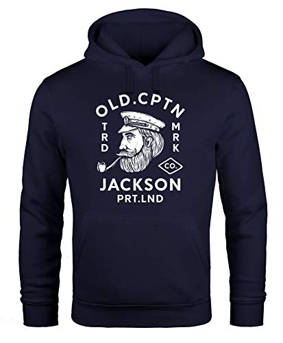 Neverless® Hoodie Herren Kapitän Motiv Aufdruck Old Cptn Jackson Retro Print Kapuzen-Pullover Männer Navy 3XL von Neverless