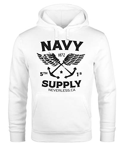 Neverless® Hoodie Herren Motiv Maritim Nautical Design Schriftzug Navy Supply Anker mit Flügeln Kapuzen-Pullover Männer weiß M von Neverless