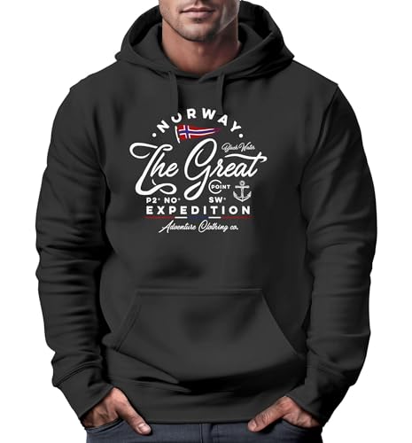 Neverless® Hoodie Herren Norwegen The Great Expedition Outdoor Adventure Print Kapuzen-Pullover Männer Fashion Streetstyle schwarz 4XL von Neverless